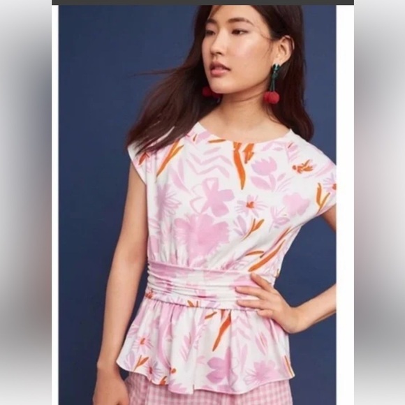 Anthropologie Tops - Anthropologie Postmark Floral Peplum Top has Cap Sleeves and Cummerbund Waist  S